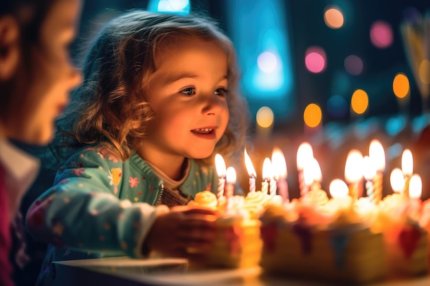 A vibrant and joyful close up shot of a child blowing out the candles on a birthday cake Generative AI