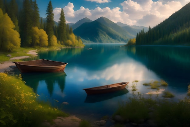Vibrant and joyful lakeside scene picturesque lakes and rivers generated ai