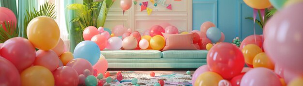 A vibrant and joyful party room filled with an abundance of colorful balloons