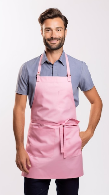 Vibrant and Joyful Smiling Caucasian Man Wearing a Plain Pink Apron