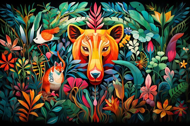 Vibrant jungle scene filled with colorful and exotic creatures