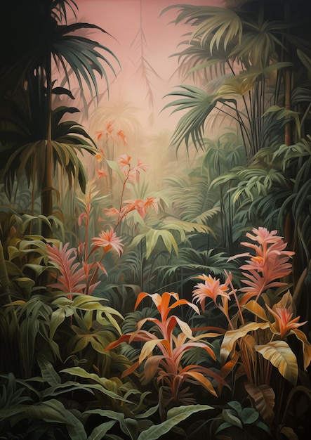 Vibrant Jungle Scene with Light Orange Foliage