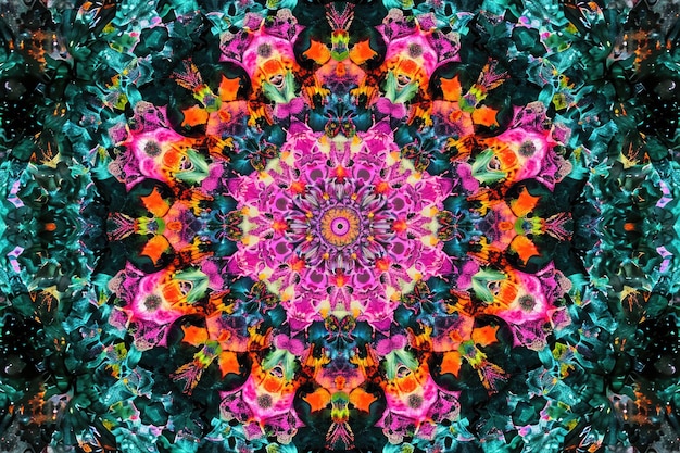 A vibrant kaleii flower stands out against a dark black background showcasing its vivid colors and intricate petals An abstract kaleidoscope pattern filling the entire background AI Generated