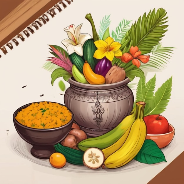 Foto vibrant kerala festival illustratie vishu kani met traditionele bloemen fruit en groenten