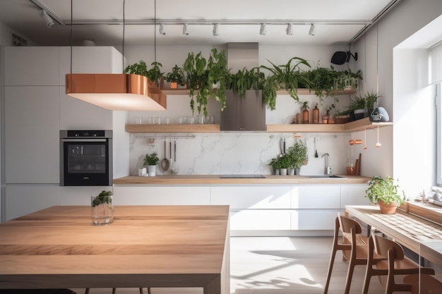 Vibrant kitchen filled with green plants and a rustic wooden table Generative AI