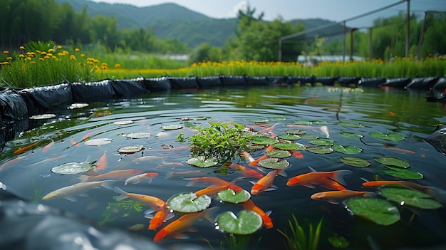 Vibrant koi fish swimming pond lily pads sunlit flowers Water nature Aquatic fauna