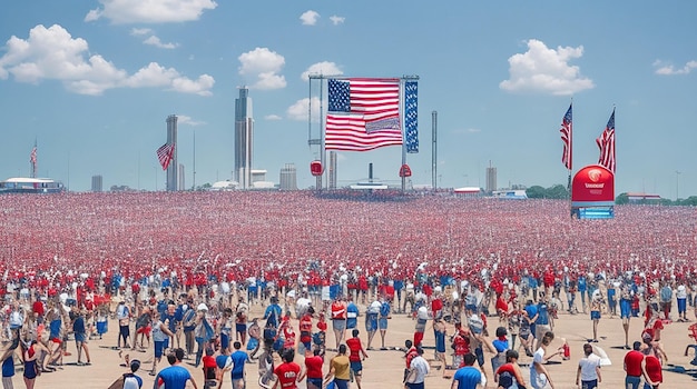 A vibrant Labor Day celebration with a blue sky and a crowd of people in the foreground