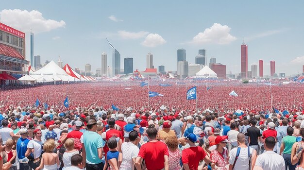 푸른 하늘과 전경에 많은 사람들이 있는 활기찬 노동절 축하 행사