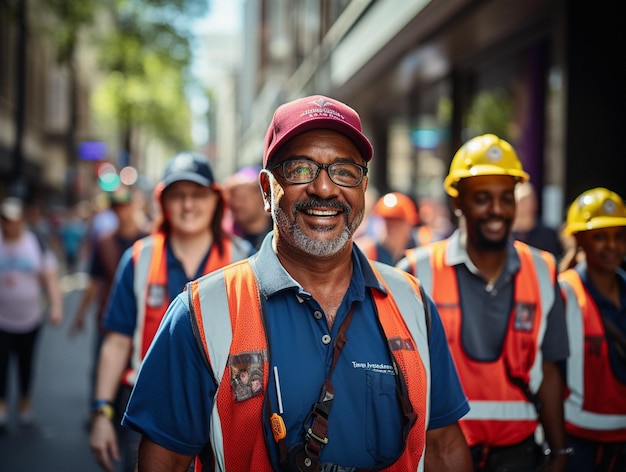 A vibrant Labor Day parade in a bustling city streets filled with cheering crowds