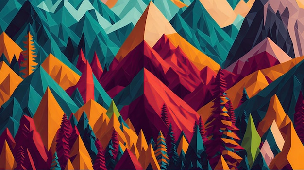 A vibrant landscape of geometric mountains and forests