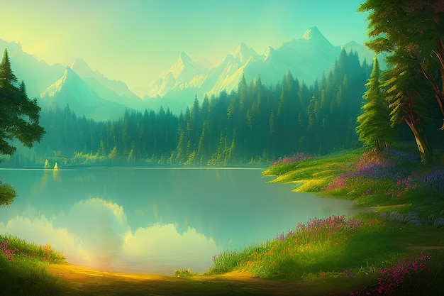 Vibrant landscape with misty mountains and forest surrounding a beautiful lake Digital illustration