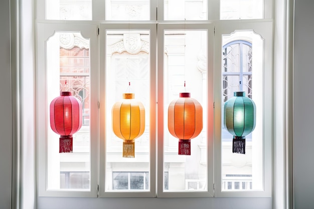 Vibrant lanterns on white window with reflection of light created with generative ai