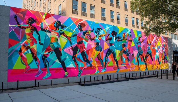 A vibrant largescale mural of women in various athletic poses