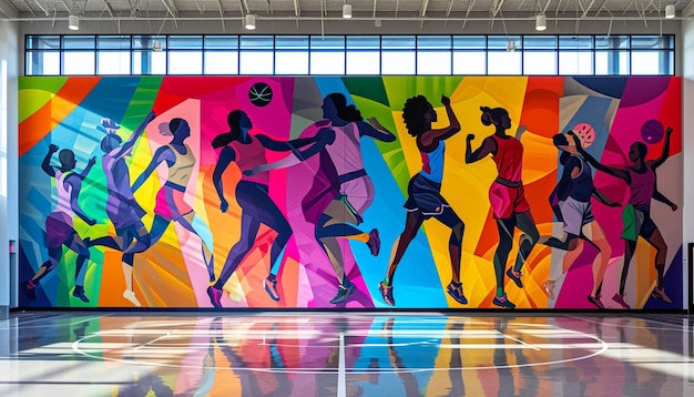 A vibrant largescale mural of women in various athletic poses