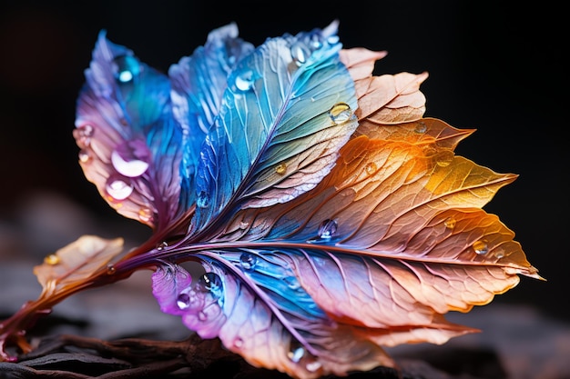 Vibrant leaf rests on a surface showcasing rainbow hues in natural illumination