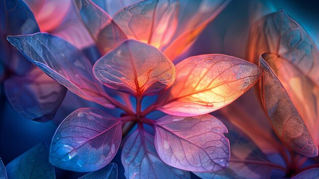 Vibrant leaves in closeup with soft light and bokeh background