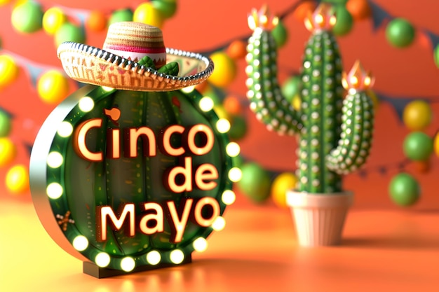 A vibrant LED sign celebrating Cinco de Mayo stands beside a Mexican cactus donning a sombrero