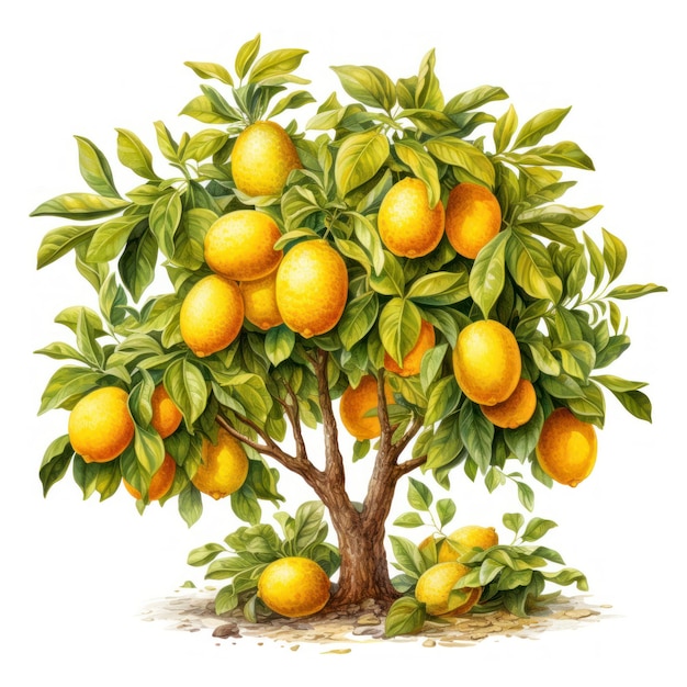 Vibrant Lemon Tree Clipart on White Background AI Generated