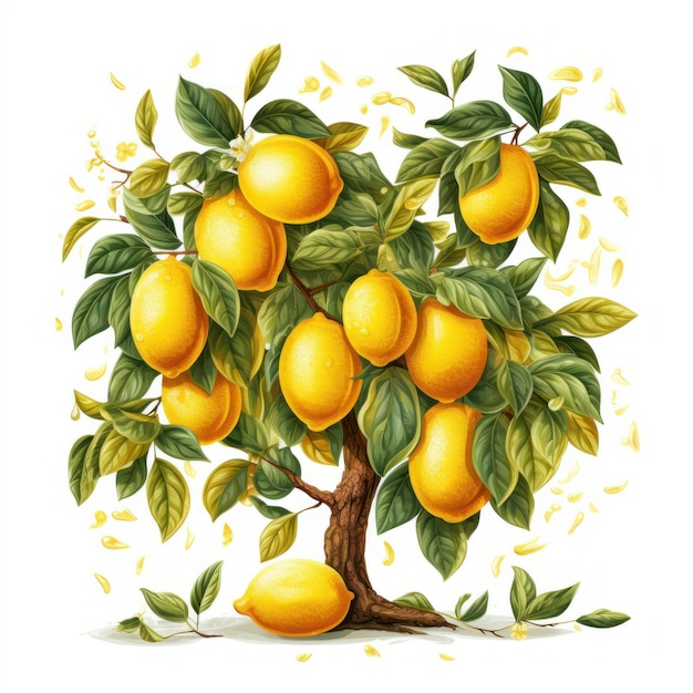 Vibrant Lemon Tree Clipart on White Background AI Generated