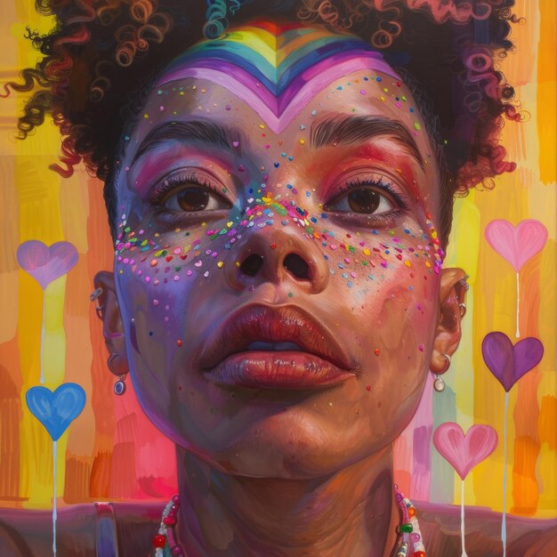 Vibrant lgbtq portrait with colorful face paint and hearts