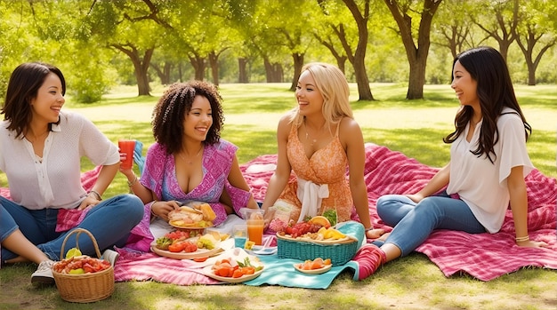 a vibrant lifestyle image capturing friends laughing and enjoying a picnic in a sundrenched park