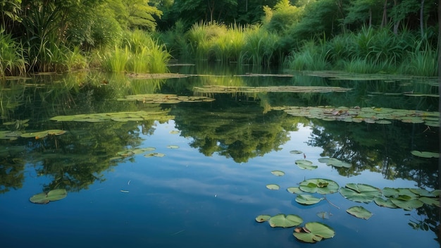 Vibrant lily pad covered river landscape