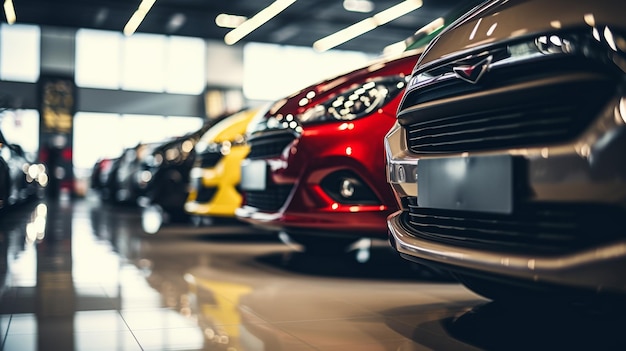 A vibrant lineup of sports cars with a focus on a red cars front The blurred background shows various colorful cars arranged in a row