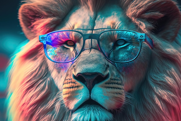 A vibrant lion wearing colorful glass Generative Ai