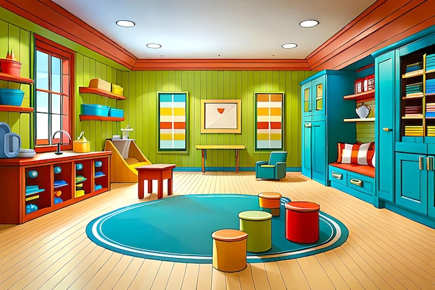 vibrant and lively cartoon indoor background for a children's playroom