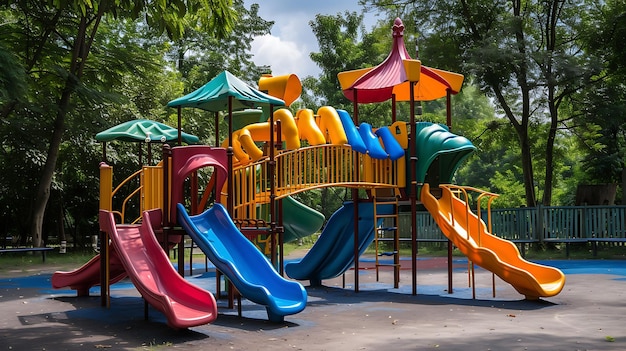 A vibrant and lively childrens playground in a scenic park filled with laughter and joy Kids happily slide swing climb and explore a colorful oasis