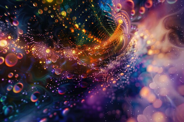 A vibrant and lively composition of colorful abstract bubbles bursting with energy and shimmering with fractal patterns creating a mesmerizing display of light and movement