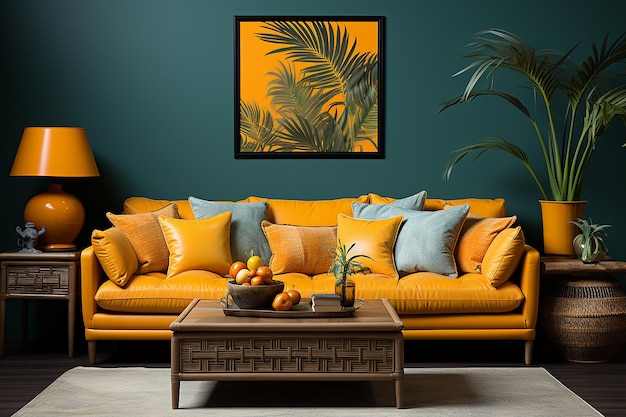 Vibrant_living_room_with_sunny_sofa_against_rich_gree