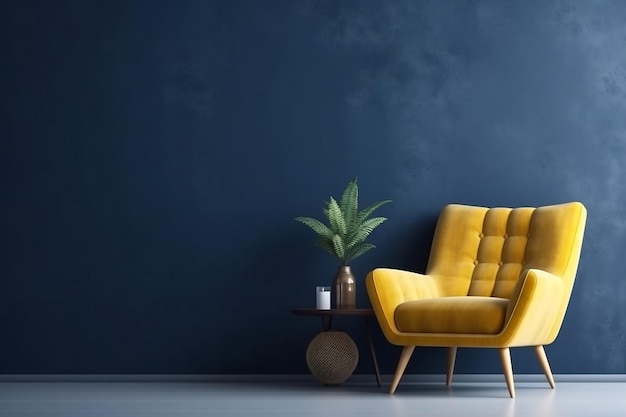 Photo vibrant living room yellow armchair accentuating an empty dark blue wall ai