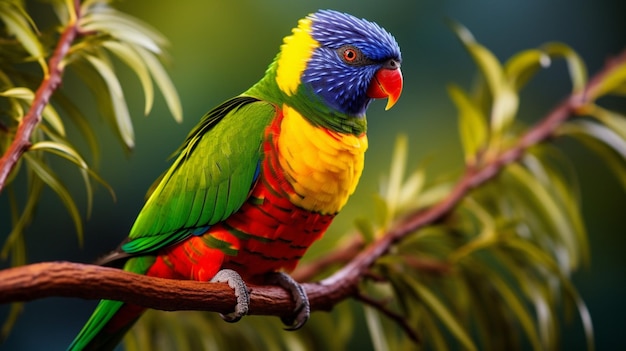 a vibrant lorikeet perching on a branch looking at camera