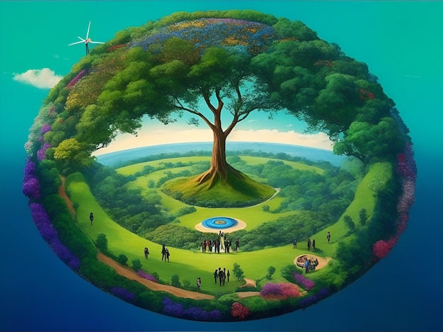 A vibrant lush landscape with a single tree in the center surrounded by a ring of people