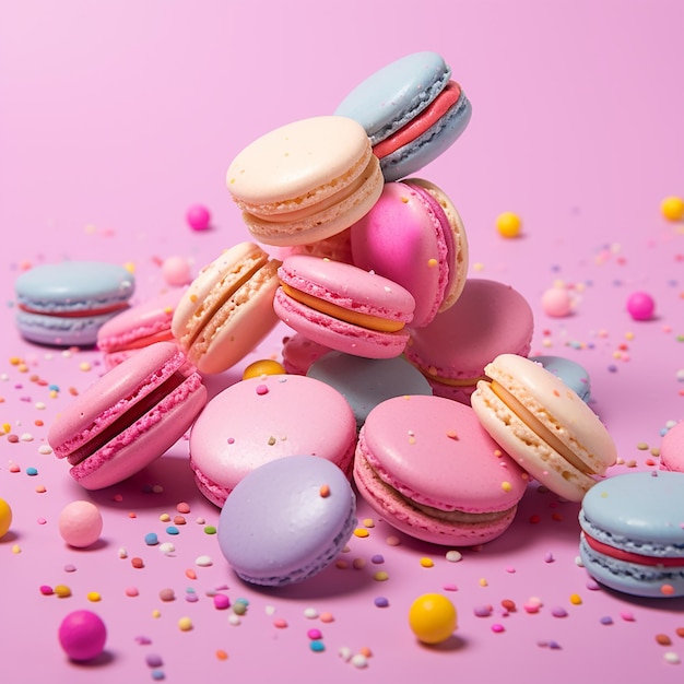 Vibrant Macarons Delight on Pink Background