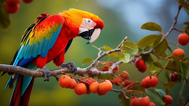 vibrant macaw eating fruit on colorful branch in tropical