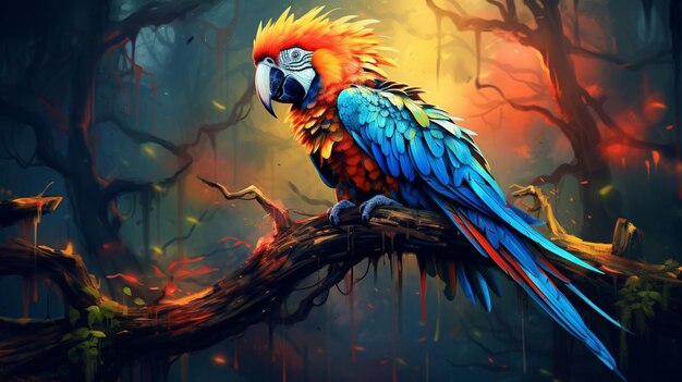 vibrant macaw perched on branch gazing with colorful feat