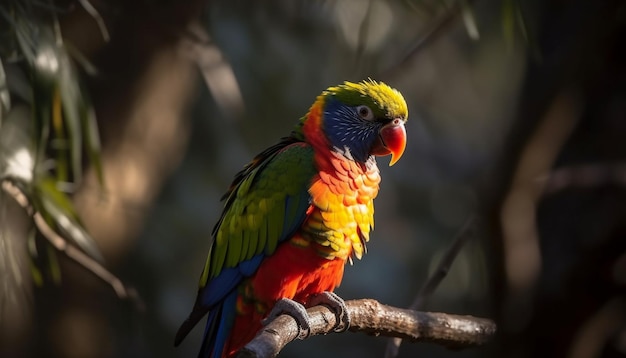 Vibrant macaw perched on green branch outdoors generated by AI