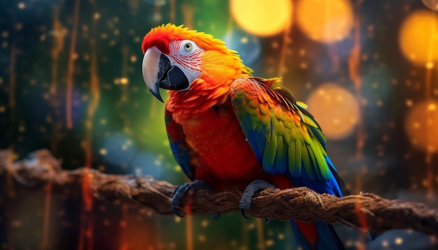 A vibrant macaw perching on a branch showcasing nature beauty generated by artificial intelligence