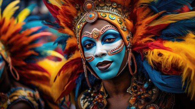 Vibrant Man With Colorful Mask and Feathers Carnival Day