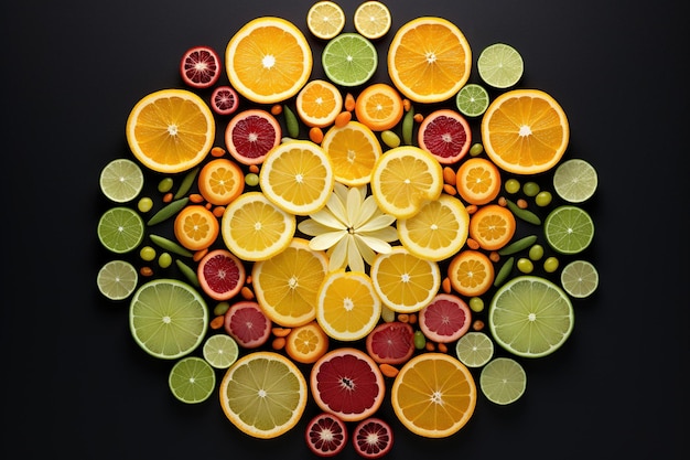 A vibrant mandala created from various citrus fruit slices on a lightbox