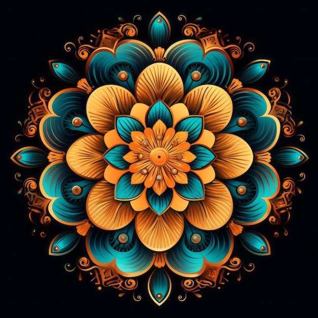 Vibrant mandala in turquoise amber on black created by Generative AI