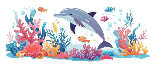 Vibrant Marine Life Healthy Coral Reefs Dolphins and Tropical Fish in Crystal Clear Waters under the Warm Sunlight Illustrated in a Children Book Style