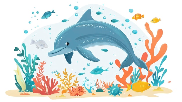 Vibrant Marine Life Healthy Coral Reefs Dolphins and Tropical Fish in Crystal Clear Waters under the Warm Sunlight Illustrated in a Children Book Style