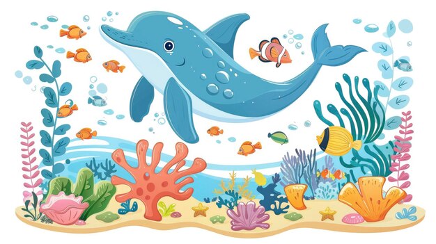 鮮やかな海洋生物 健康的なサンゴ礁 暖かい日光の下の水晶のように澄んだ水域のイルカと熱帯魚 児童書のスタイルで描かれた絵本