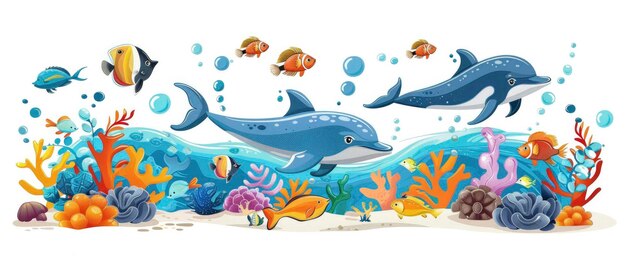 鮮やかな海洋生物 健康的なサンゴ礁 暖かい日光の下の水晶のように澄んだ水域のイルカと熱帯魚 児童書のスタイルで描かれた絵本