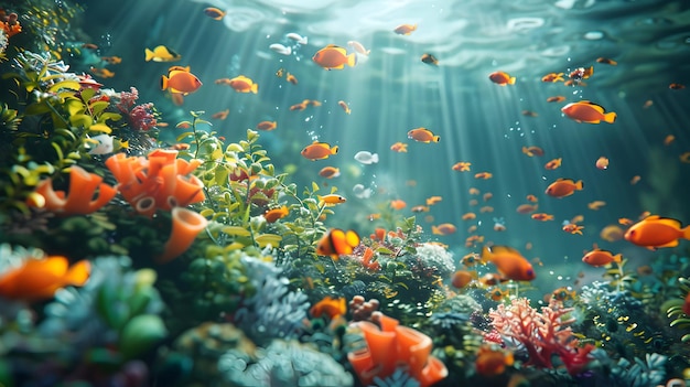 Foto vibrante vita marina che prospera in modo sostenibile immagine ad alta risoluzione con un concetto di raccolta di prodotti marini ecologici
