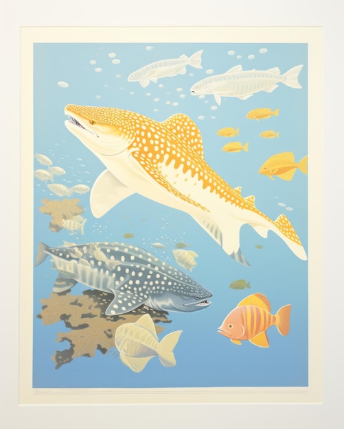 Photo a vibrant maritime symphony whaleshark splendors in silkscreen and linocut prints by nicolas poussi