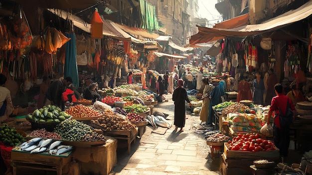 vibrant market scene with bustling stalls
